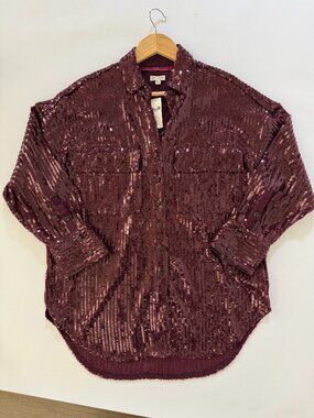 Pilcro Sequin Button Down Shirt Plum XS NWT